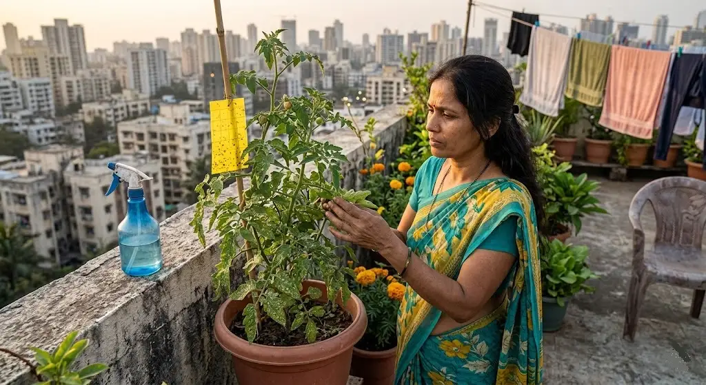 Indian woman Mumbai 9th floor apartment terrace tomato plants showing recovery after 6-day whitefly protocol