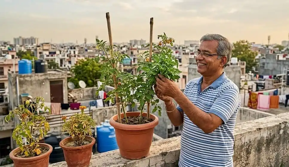 Indian man on Delhi 7th floor apartment terrace examining tomato plants repotted into 14-inch terracotta containers after root-bound diagnosis