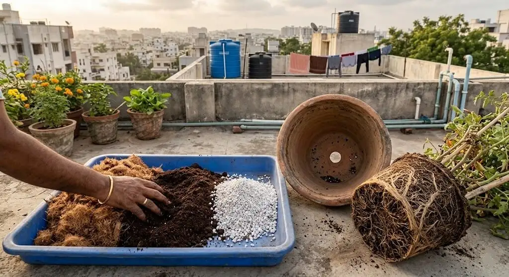 Indian gardener mixing cocopeat vermicompost perlite potting mix for September repotting of root-bound container plants Indian terrace