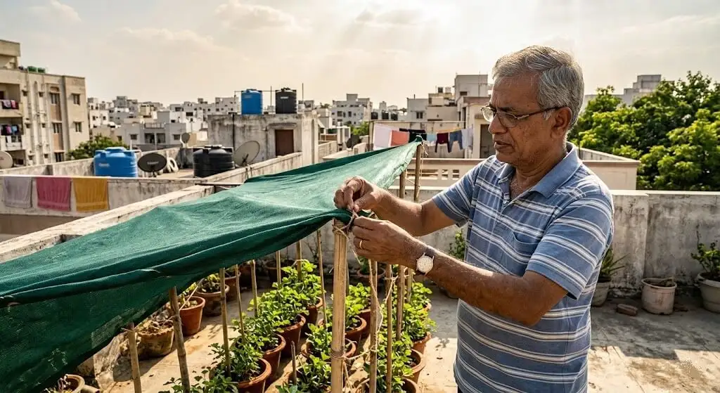 Suresh demonstrating afternoon western shade cloth rigging for anti-bolting Madanapalle terrace April 2021 methi containers