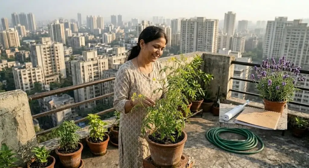 Indian woman on Hyderabad 8th floor apartment balcony with tomato plants showing abundant developing fruits after electric toothbrush and lavender
