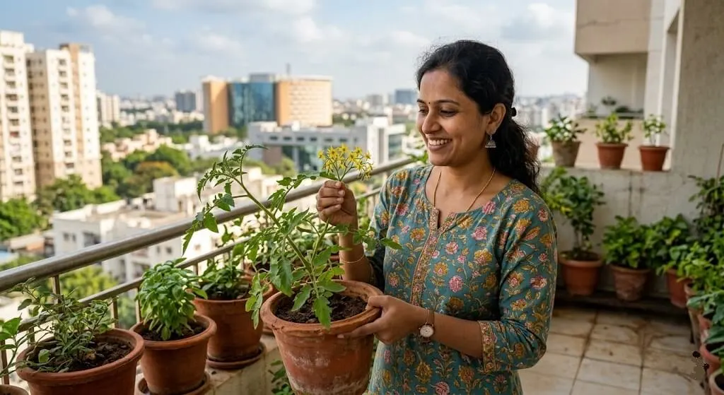 Indian woman on Hyderabad terrace holding tomato plant with first flower cluster after six week summer pH correction treatment