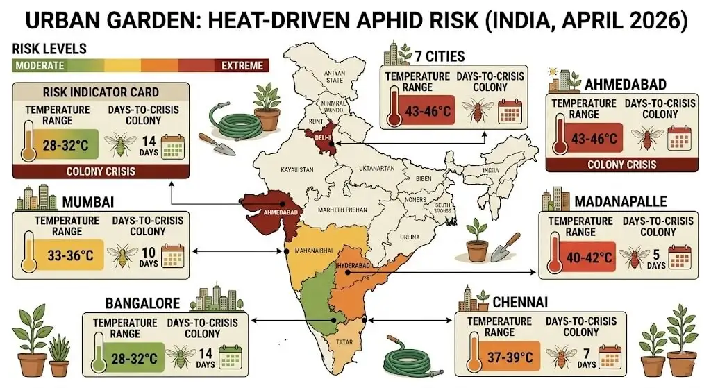 India map showing aphid colony growth risk by city from Bangalore moderate to Delhi extreme based on May temperature and reproductive interval