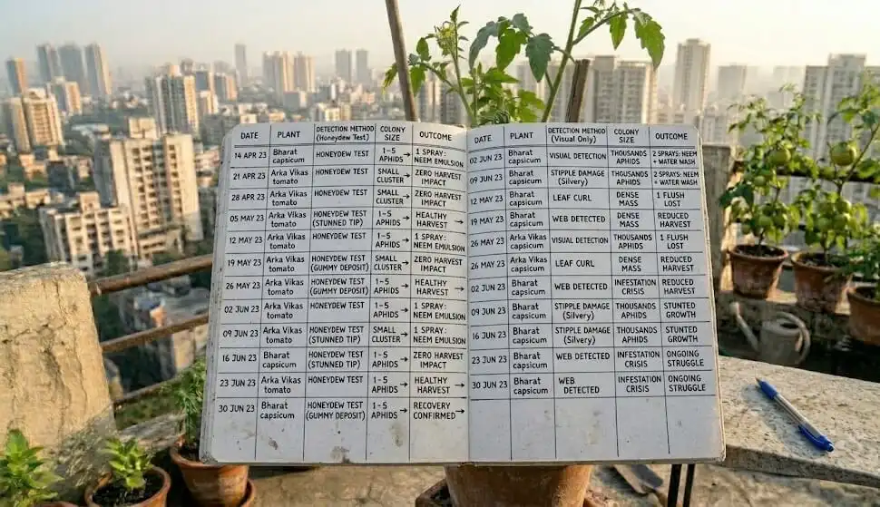 Gardening notebook showing aphid detection data from Madanapalle terrace 2023 comparing honeydew test detection versus visual symptom detection outcomes