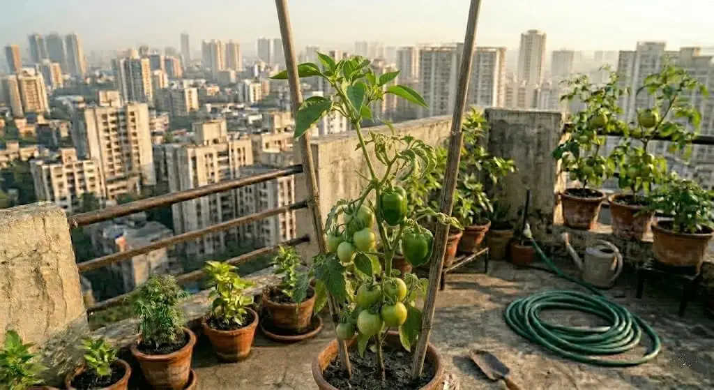 Container tomato plant showing clean healthy new growth above permanently distorted aphid-damaged older leaves after successful treatment