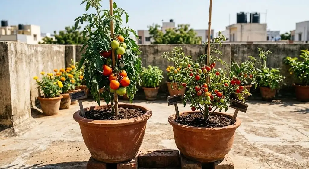 Indian heat-tolerant tomato varieties Arka Vikas and PKM-1 cherry tomatoes growing in container pots on Indian terrace