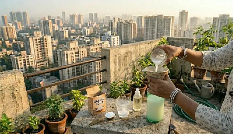 Baking soda spray preparation showing sodium bicarbonate being dissolved in water with dish soap for powdery mildew treatment on Indian container plants