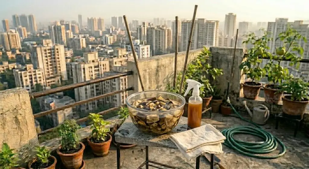 Banana peels soaking in water for 24 hours to make free potassium spray that strengthens plant cell walls against aphid feeding