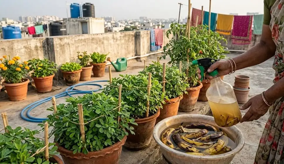 Banana peel potassium spray being applied to methi containers Indian terrace delay stress-acceleration bolting