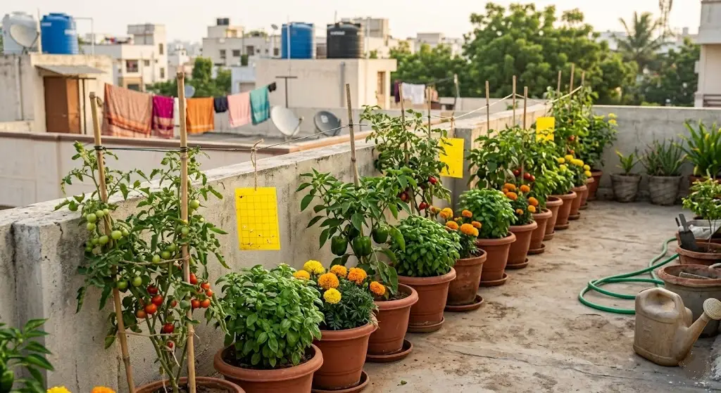 Indian apartment terrace basil marigold containers interspersed between tomato capsicum with sticky traps canopy height