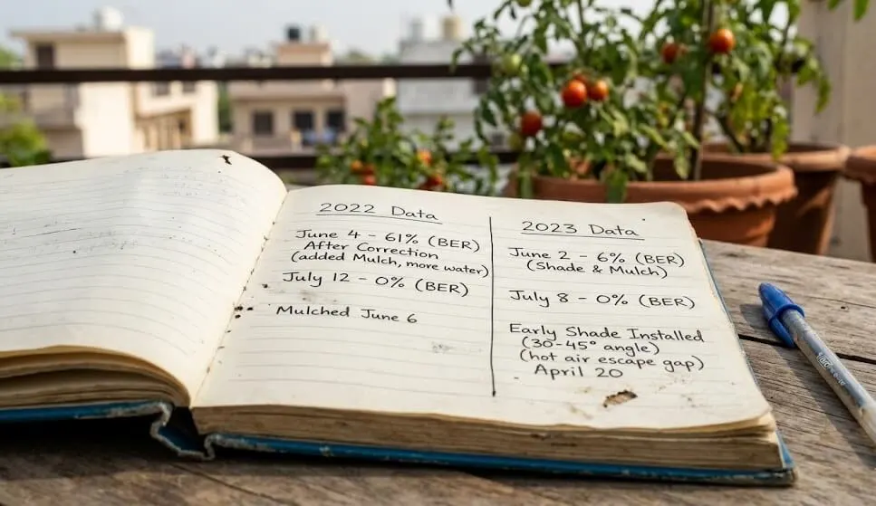 Gardening notebook showing blossom end rot data 2022 erratic watering 61 percent versus 2023 consistent watering 0 percent Madanapalle