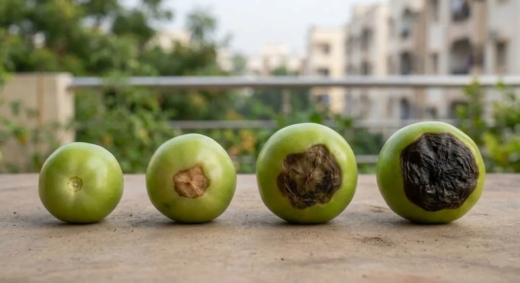 Four tomato fruits showing blossom end rot progression from early pale indentation to full dark leathery advanced patch