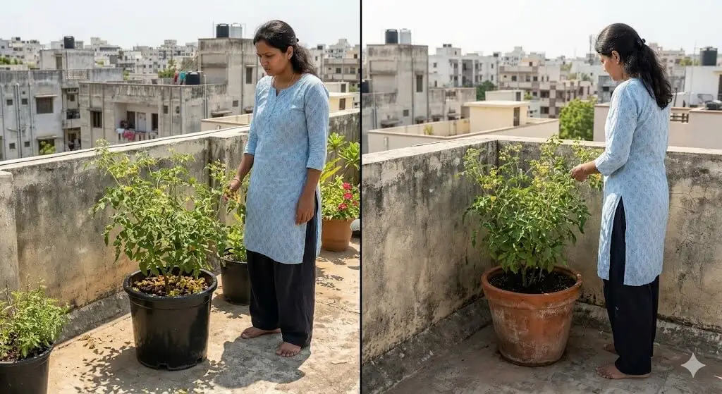 Side by side black plastic pot versus terracotta pot on Indian terrace showing heat absorption difference in summer