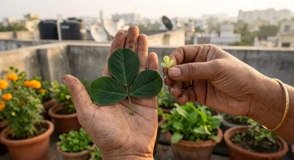 Indian gardener comparing pre-bolt large base leaf versus tiny post-bolt stalk leaf methi showing progressive size reduction