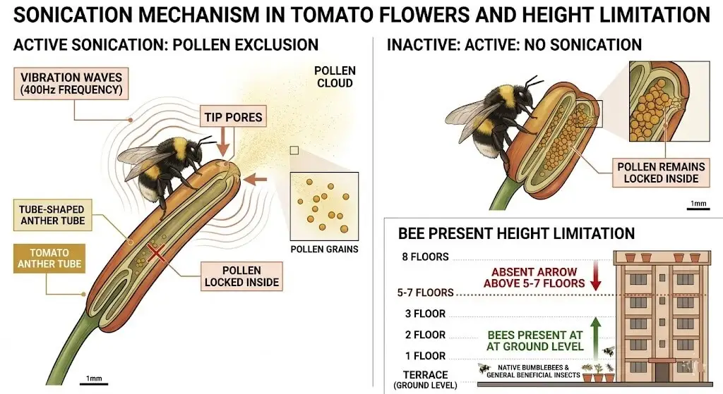 Scientific diagram showing bumblebee buzz pollination sonication releasing pollen from tomato tube-shaped anthers at 400Hz frequency