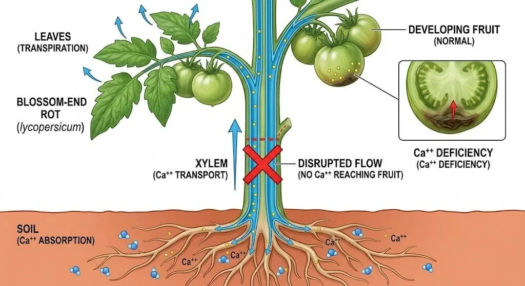 Scientific diagram showing calcium transport from roots through xylem to tomato fruit via transpiration driven mass flow