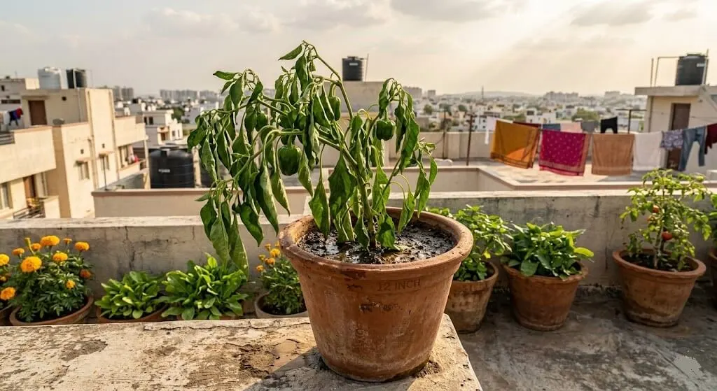 Capsicum plant wilting in afternoon on Indian apartment terrace despite regular watering showing root-bound symptoms identical to heat stress