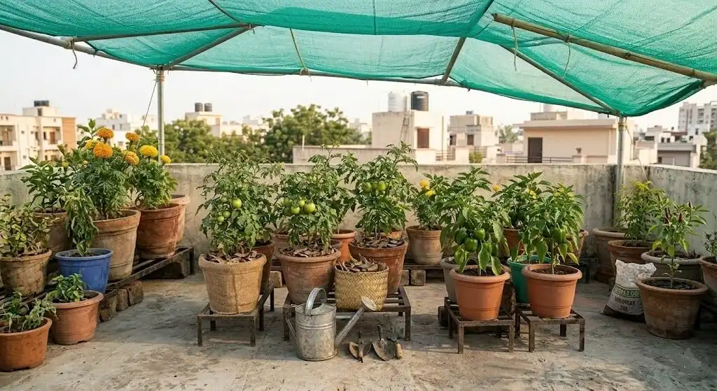 Complete summer heat protection setup on Indian terrace — shade net, elevated pots, mulch, jute wrapping, and grouped clusters