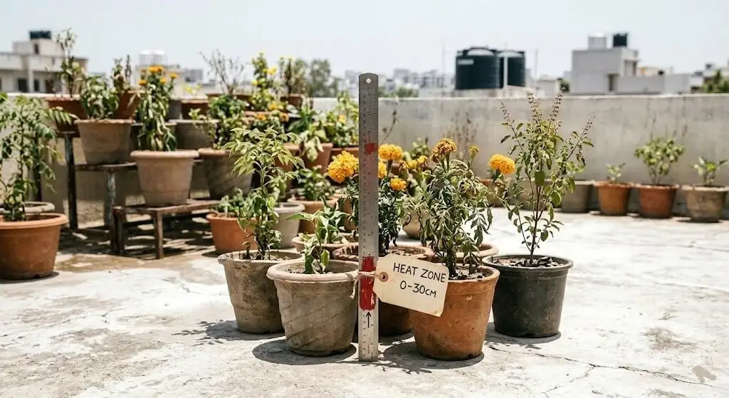 Heat trap above Indian concrete terrace floor — first 30cm above floor is significantly hotter than ambient air temperature