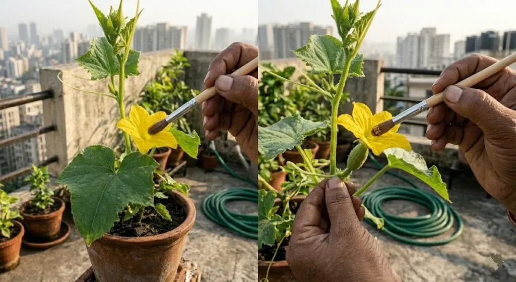 Artist brush collecting pollen from male cucumber flower and transferring to female cucumber flower with visible swelling at base