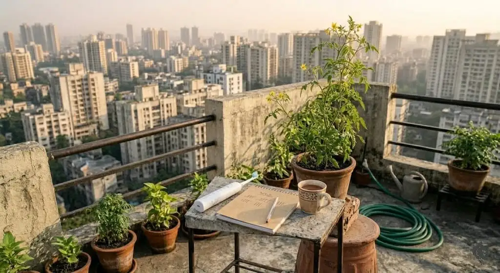 Early morning hand-pollination routine on Indian terrace showing electric toothbrush notebook and open tomato flowers at 6AM