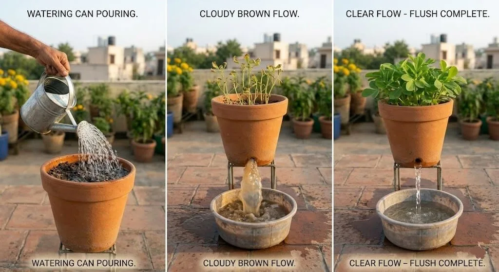 Three-step container soil flush process — steady pouring, cloudy salt-laden water draining, then clear water confirming successful flush completion