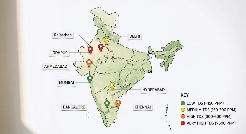 India city tap water TDS map showing which Indian cities have highest mineral content and need more frequent container soil flushing