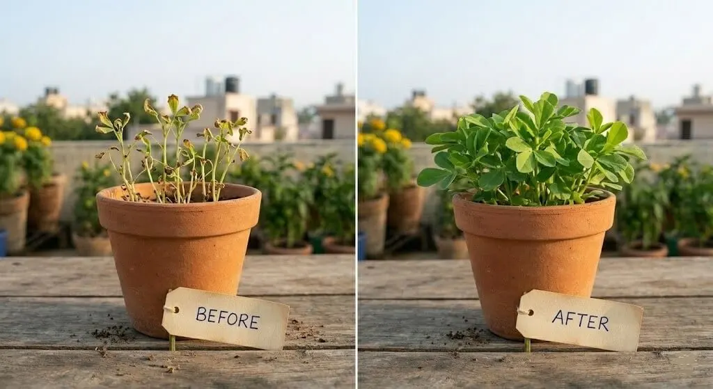 Before and after recovery of salt-stressed methi in Bangalore balcony — stunted 2-inch seedlings recovered to healthy 4-inch growth after soil TDS flush