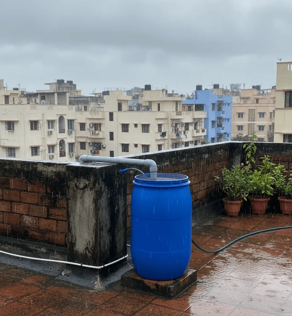 Simple rooftop rainwater collection barrel on Indian terrace — monsoon rainwater has near-zero TDS and dramatically reduces salt accumulation in container soil