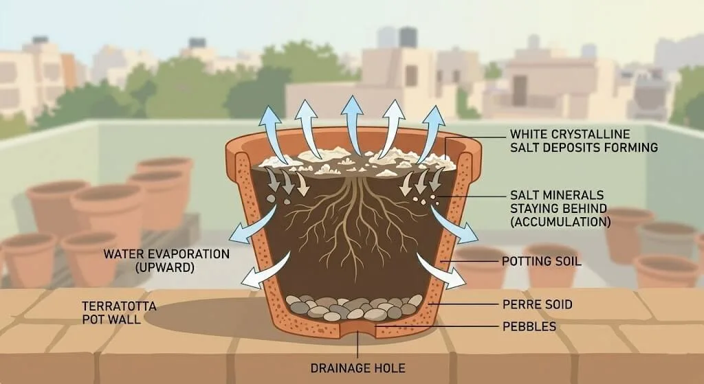Diagram showing how water evaporates from container soil while mineral salts remain, accumulating with every watering cycle