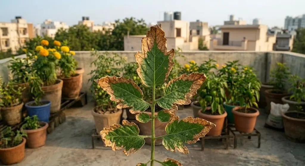 Tomato plant leaf showing salt burn damage — brown crispy tips and edges with green centre, classic sign of salt buildup in container soil