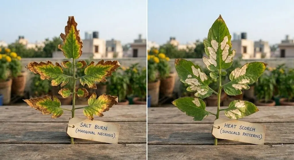 Visual comparison of salt burn (brown crispy leaf edges) versus heat scorch (bleached sun-facing patches) to help Indian gardeners diagnose correctly