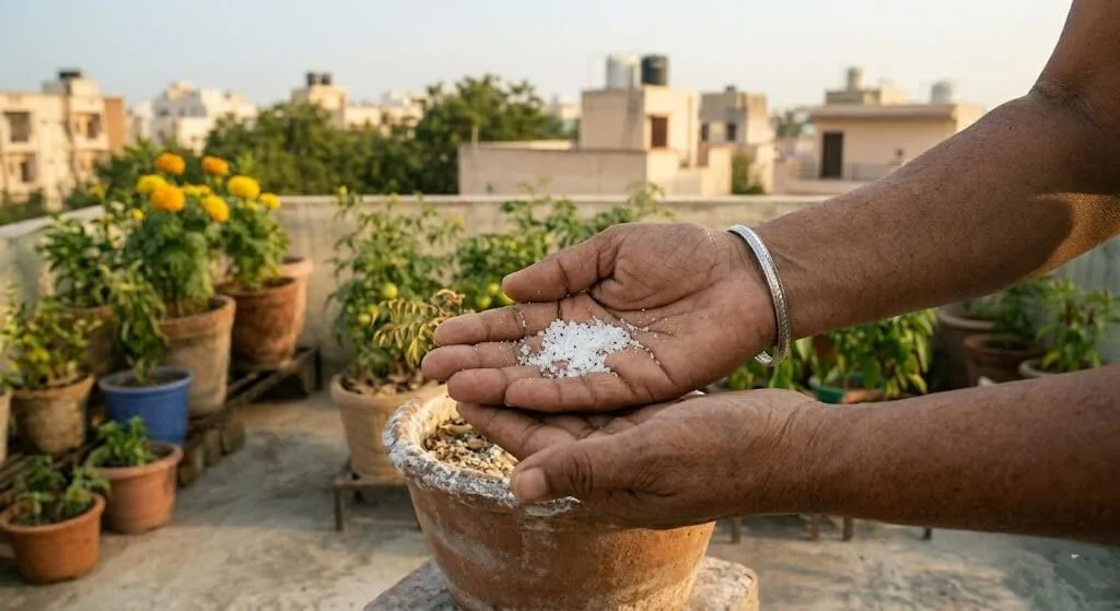 White crystalline salt deposit scraped from the surface of a container pot — visible sign of mineral accumulation in balcony garden soil