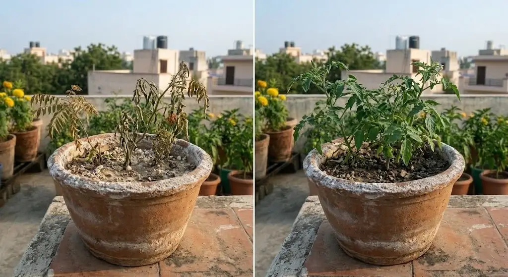 Salt-stressed container plant wilting on left compared to healthy plant on right — same pot, same watering, different soil TDS