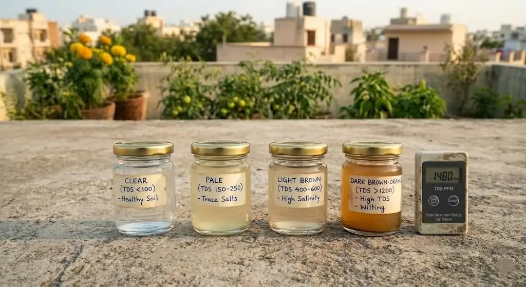Four soil water samples from different container pots showing increasing TDS — clear water indicates healthy soil, darker water indicates high salt buildup