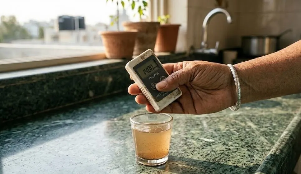 TDS meter showing soil TDS reading from filtered soil solution — 5-minute method for testing salt buildup in container soil