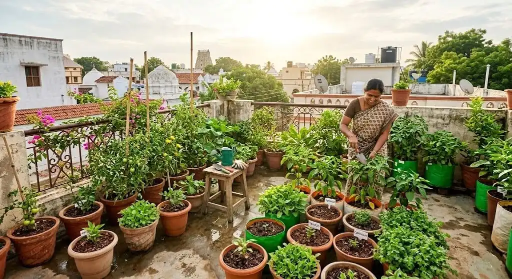 Thriving Indian terrace balcony garden with healthy tomato, capsicum, methi, and coriander plants — result of proper TDS monitoring and regular soil flushing