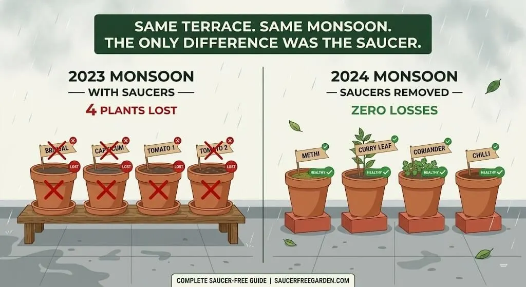 Infographic comparing root rot losses in pots with saucers versus without saucers across 2023 and 2024 monsoon seasons Madanapalle