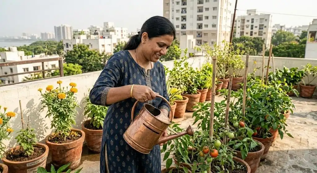 Indian woman on Pune apartment terrace with 22 container plants recovering from spider mite infestation after 48-hour neem oil treatment