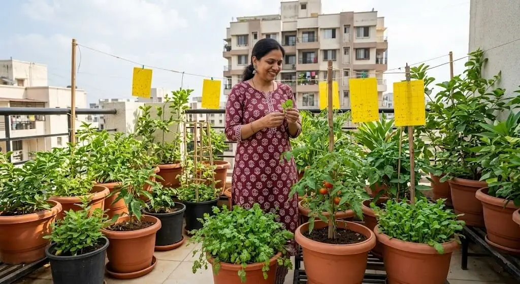 Indian woman on Pune apartment terrace with 18 healthy container plants after switching from monthly chemical spraying to organic pest management