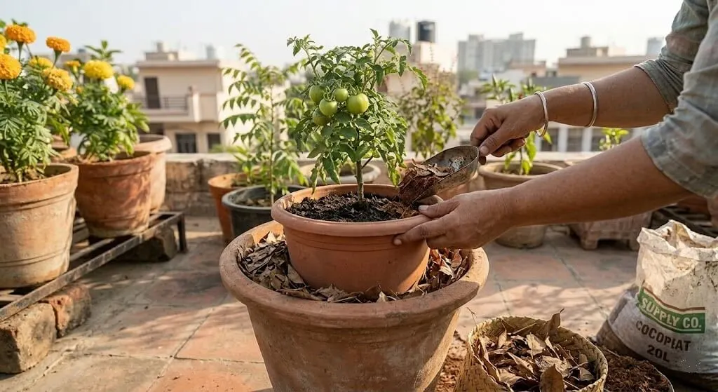 Double-potting technique for heat reduction — inner growing pot inside larger outer pot with cocopeat insulation in the gap