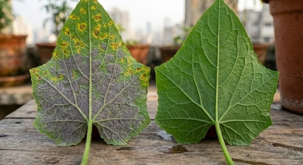 Leaf comparison showing downy mildew grey-purple fuzzy growth on underside versus clean underside of powdery mildew to show critical identification difference