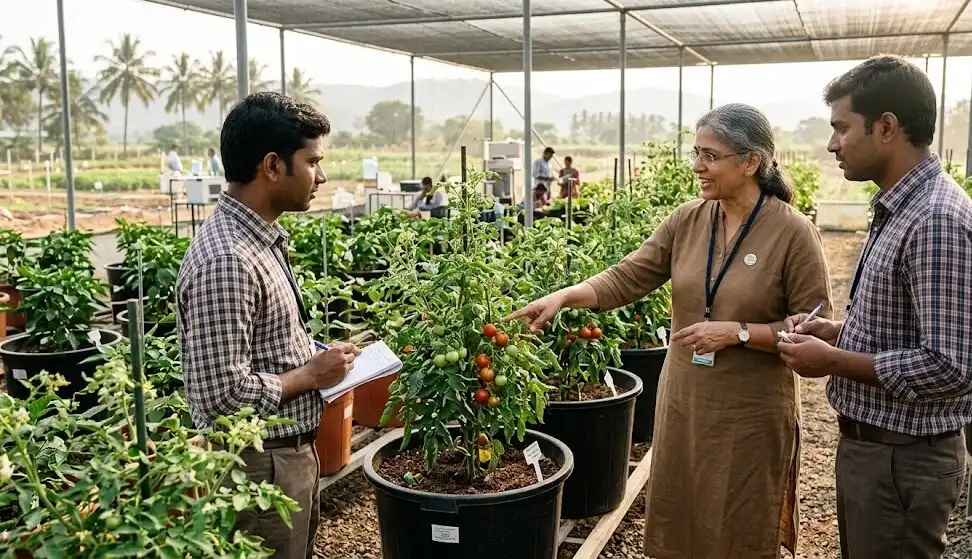 Agricultural extension officer Dr Meenakshi explaining tomato pollen sterility mechanism at Kuppam research station Andhra Pradesh