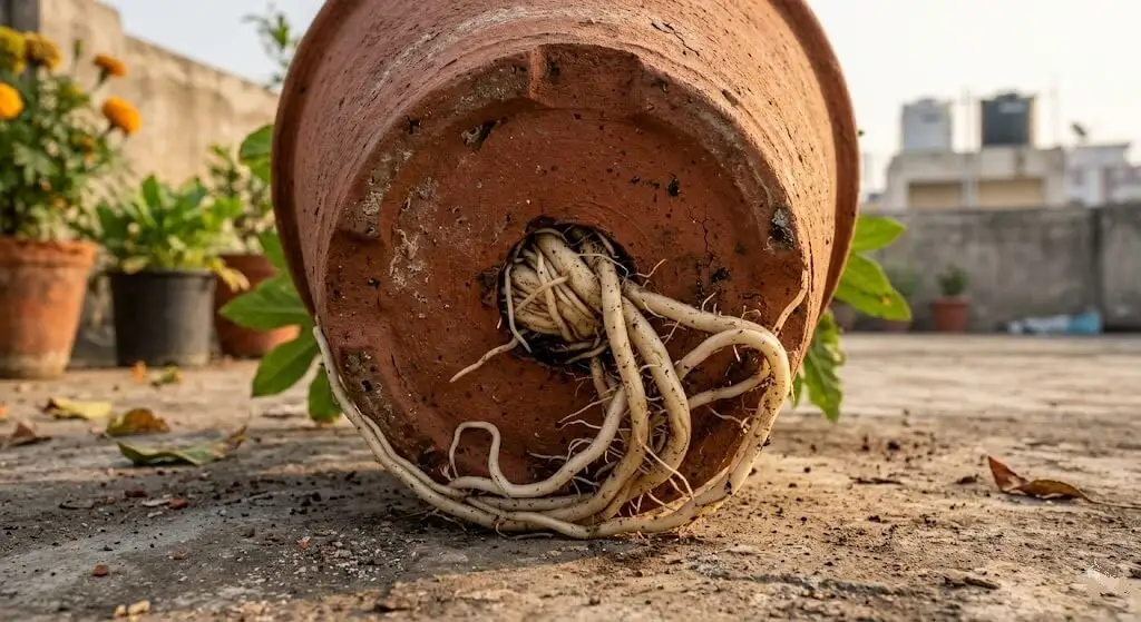 Photorealistic macro image of the base of a terracotta container. The drainage hole is partially blocked by multiple thick white roots that have grown through it and are curling along the exterior base of the pot. Three to four thick roots visible. The root mass emerging from the hole is the definitive visual confirmation. Indian morning light. No text.