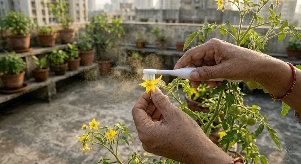 Close-up of electric toothbrush held against tomato stem behind flower showing yellow pollen cloud confirming successful sonication