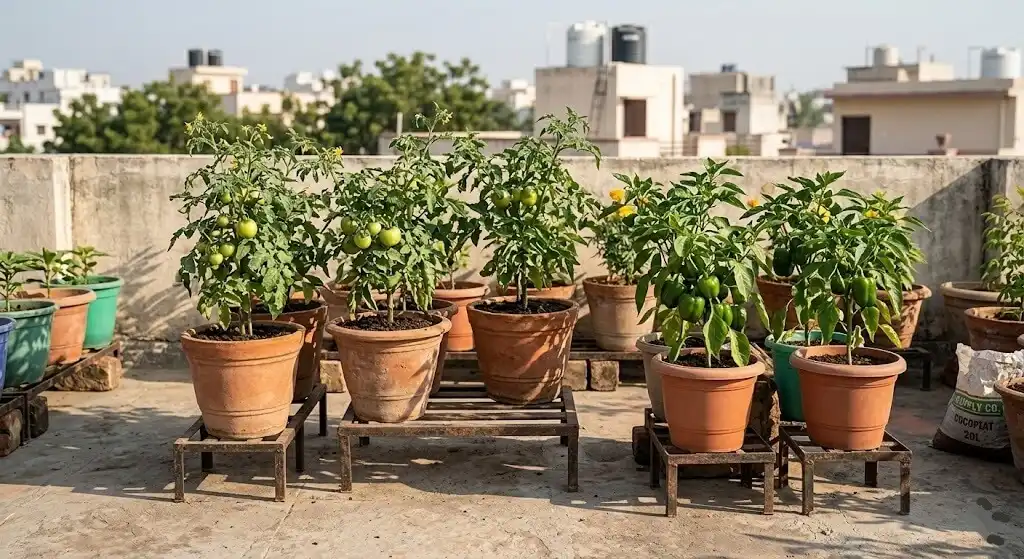 Container pots elevated 20 to 25cm above concrete floor on stands to reduce root zone heat on Indian terrace