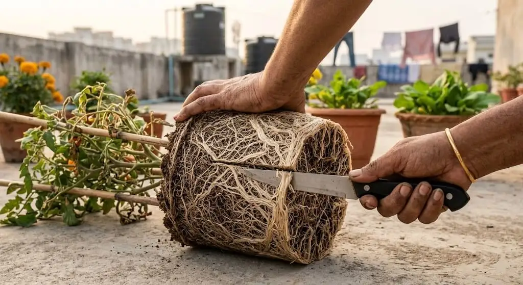 Indian gardener performing emergency root scoring making 4 vertical cuts into root-bound ball at 12 3 6 9 o'clock positions with kitchen knife