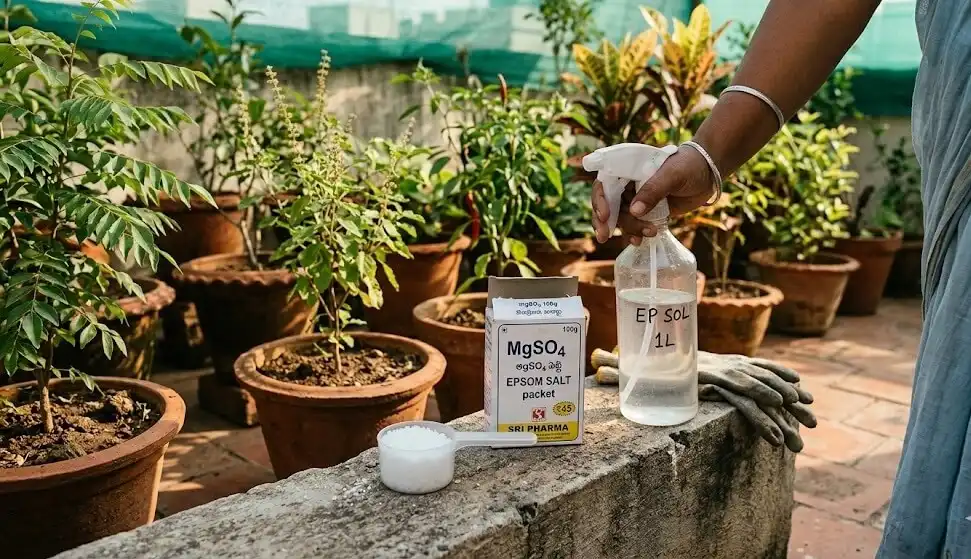 Epsom salt foliar spray preparation for fixing magnesium deficiency and yellow leaves on Indian balcony plants