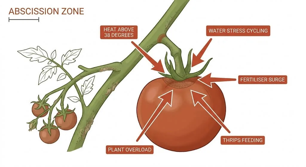 Diagram showing ethylene abscission zone at fruit stem junction and five triggers that activate premature fruit separation