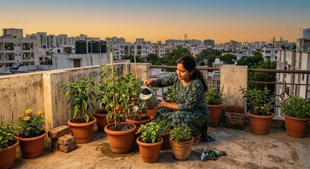 Indian container garden terrace being watered at 6:30 PM evening in summer with correct timing to avoid root shock and moisture loss